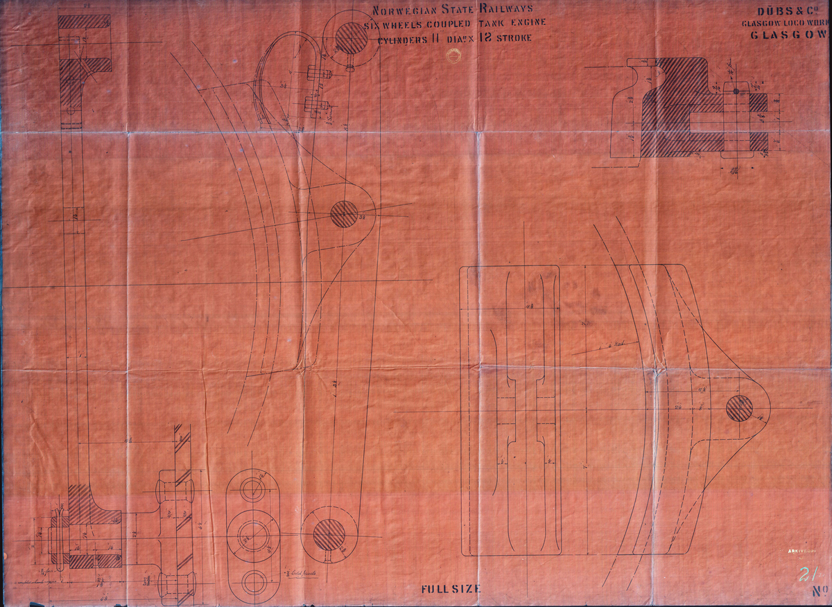 Tegning fra arkivet til Stiftelsen Setesdalsbanen...Fra en serie med tegninger fra Dubs & Co, Glascow Loco Works, Glascow. Dette er en av ca. 80 tegninger av lokomotiver og lokomotivdeler. ..Tegningene i arkivet er "blåkopier" som er skannet og digitalt tilbakeført til tilnærmet original. .....Setesdalsbanen er en smalsporet museumsjernbane i Vennesla kommune. Banen var i ordinær drift fra 1896 til 1962. Om sommeren kan man bli med på en kjøretur med 100 år gamle damplokomotiv og passasjervogner fra Grovane til Røyknes stasjon.