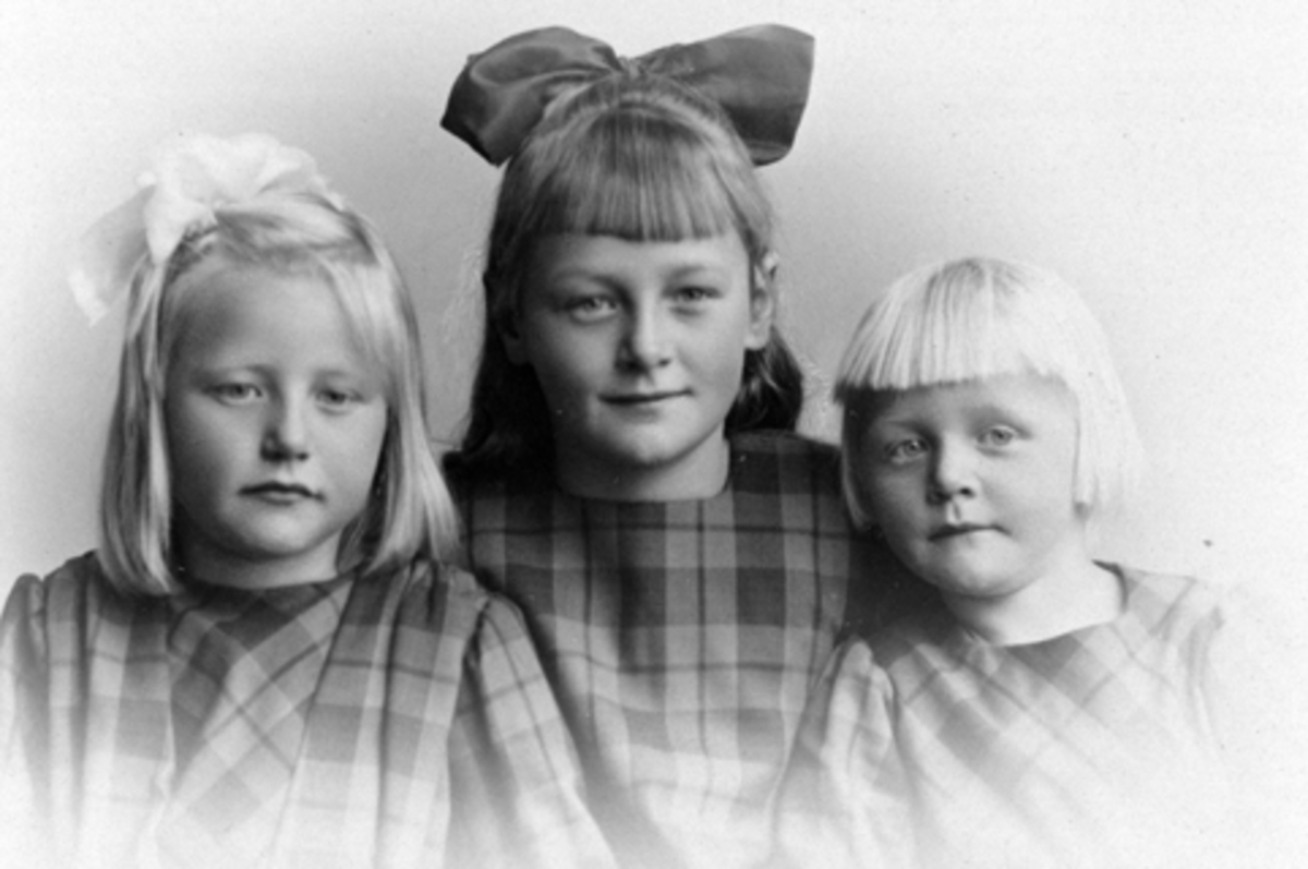 3 jenter. Fra venstre er Gerd Lundby F: 28. 02. 1915, gift med A.E. Dobloug, Karin Lundby F:24. 01. 1912, gift med Sven Buckholtz, Aase Lundby F;03. 06. 1917, gift med Jørgen Opsal, Veldre, Ringsaker