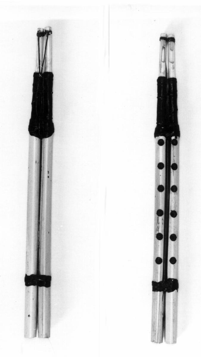 Bambus, bek. Dobbelklarinett. 2 like lange rørpiper er festet parallellt til hverandre med bek, hver med seks hull. Munnstykkene, løse og festet til pipene med snorer, settes ned i en forlengelse av bek.