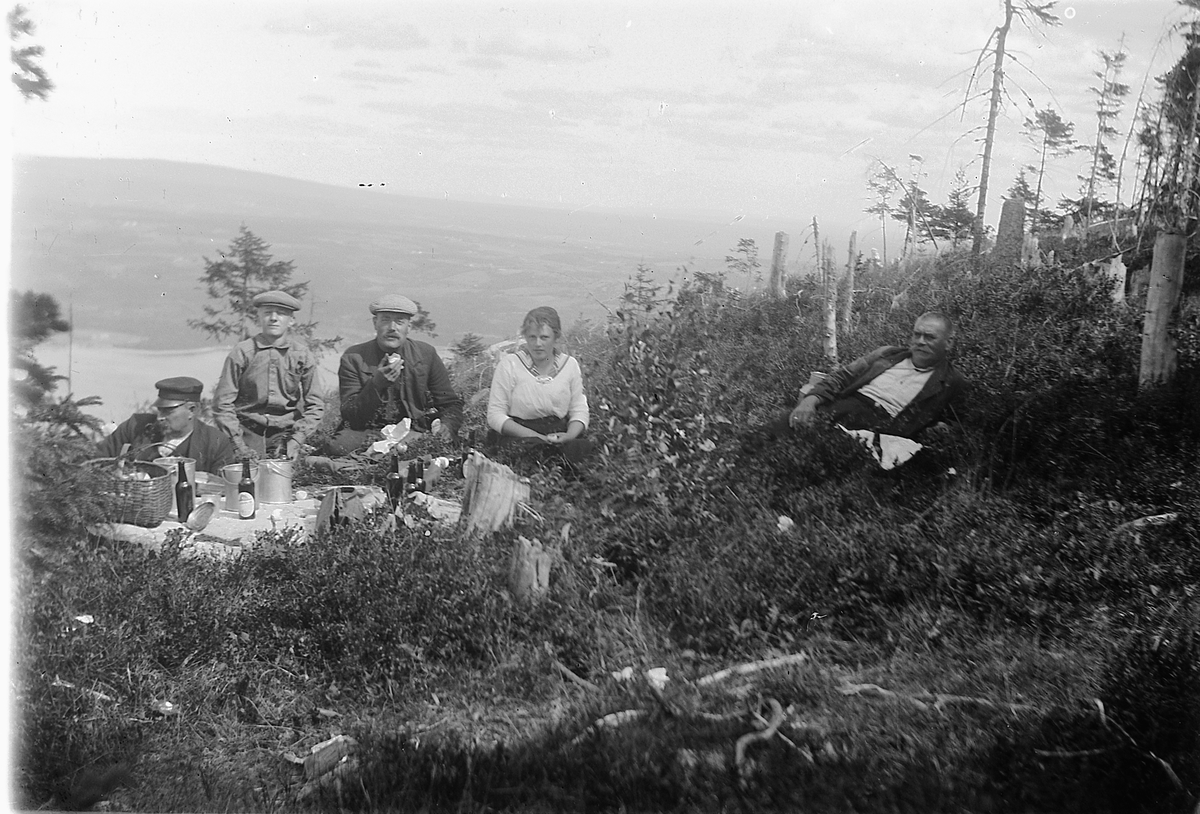 5 personer piknik med kaffe og øl. Hogstflate, utsikt over Mjøsa. Antagelig på Bangsberget i Nes, Ringsaker.