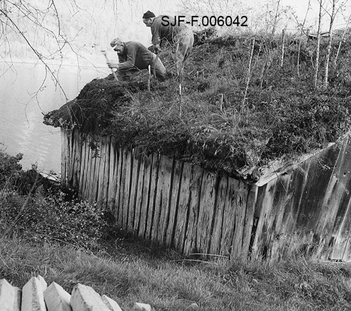 Naustet til Nikolai J. Gjesdal (1889-1973) ved Vassenden i Jølster i Sunnfjord i Sogn og Fjordane.  Fotografiet er tatt fra bakkekammen på oversida av bygningen, mot den ene av langveggene og den ene halvdelen av saltaket. Naustet er en umalt, bordkledd stavkonstruksjon med torvtekt sperretak.  På taket vokste det en god del lauvtrær da fotografiet ble tatt, noe som vel tyder på at det var ei stund siden taket ble lagt om da dette fotografiet ble tatt.  Det skjedde høsten 1968, da to arbeidskledde menn var i ferd med å spa ned torva fra taket.  Dette arbeidet ble gjort med henblikk på at naustet skulle demonteres og flyttes til Elverum, hvor det ble gjenoppført i Norsk Skogmuseums friluftsmuseum på Prestøya.  I forgrunnen til venstre ser vi endene på en del bjelker, i bakgrunnen vannspeilet på Jølstravatnet. 

Jølsternaustet er 790 centimeter langt og 456 centimeter bredt og har følgelig ei grunnflate på 36 kvadratmeter.  På gavlen mot vassdraget er rafthøyden 217 og mønehøyden 365 centimeter.  På den bakre eller vestre gavlen er rafthøyden 125 og mønehøyden 258 centimeter. 
