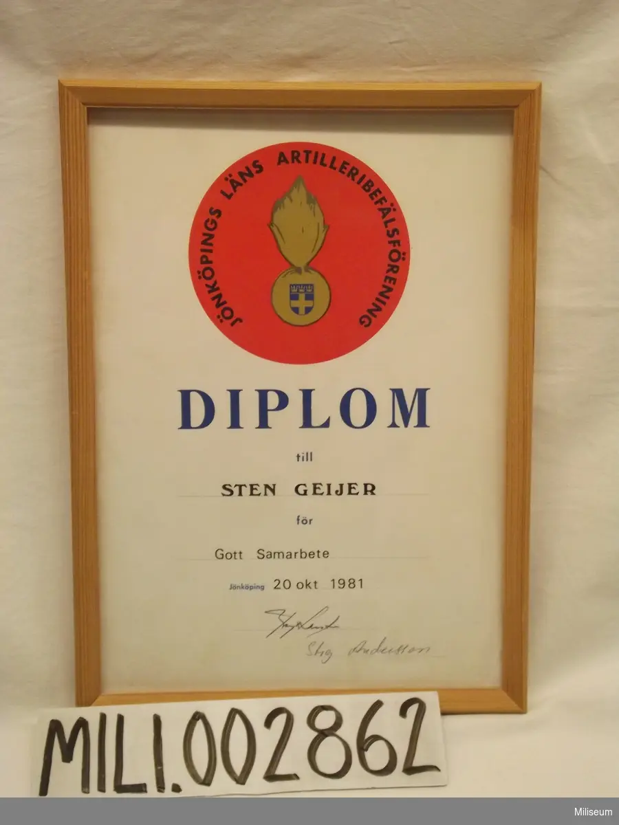 Diplom för gott samarbete, givet till Sten Geijer