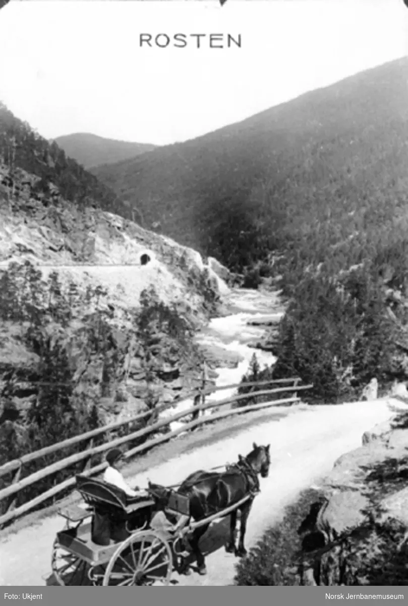 Parti fra Rosten med hest og vogn i forgrunnen og den nybygde jernbanen med en av tunnelen i bakgrunnen