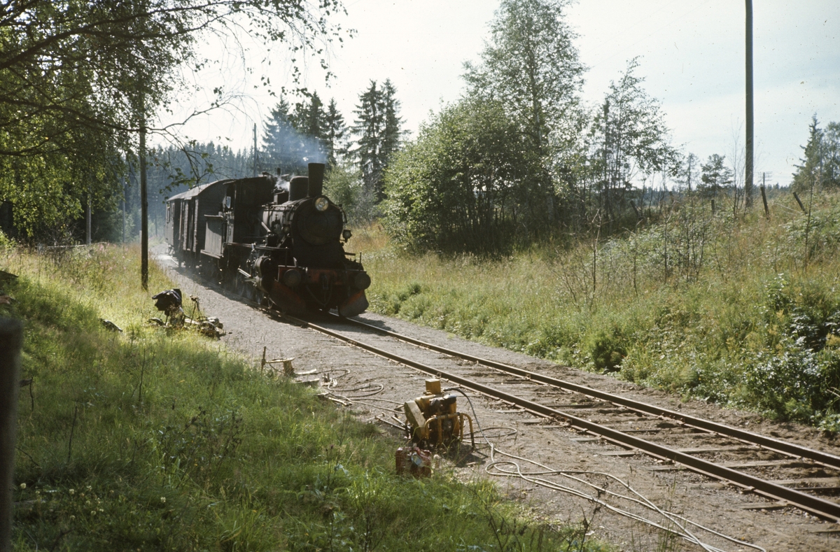 Damplokomotiv type 27a nr. 296 med godstog til Skreia. Vedlikeholdsarbeider på sporet pågår.
