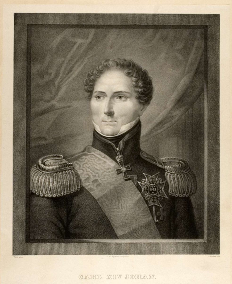 Portrett, brystbilde av Karl Johan i uniform med ordensbånd og ordener.