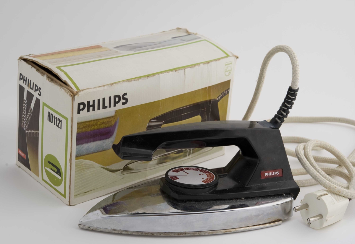 Original eske til Philips strykejern, inneholder bruksanvisning. Avbildet strykejern på hvit eske.