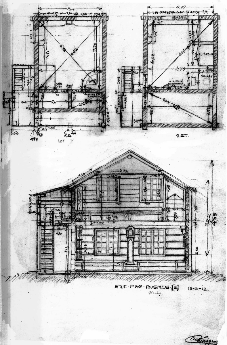 Alf Bugges tegning (1912) av grunnplan og tverrsnitt av stuebygning, Busnes, Gransherad, Notodden,Telemark.