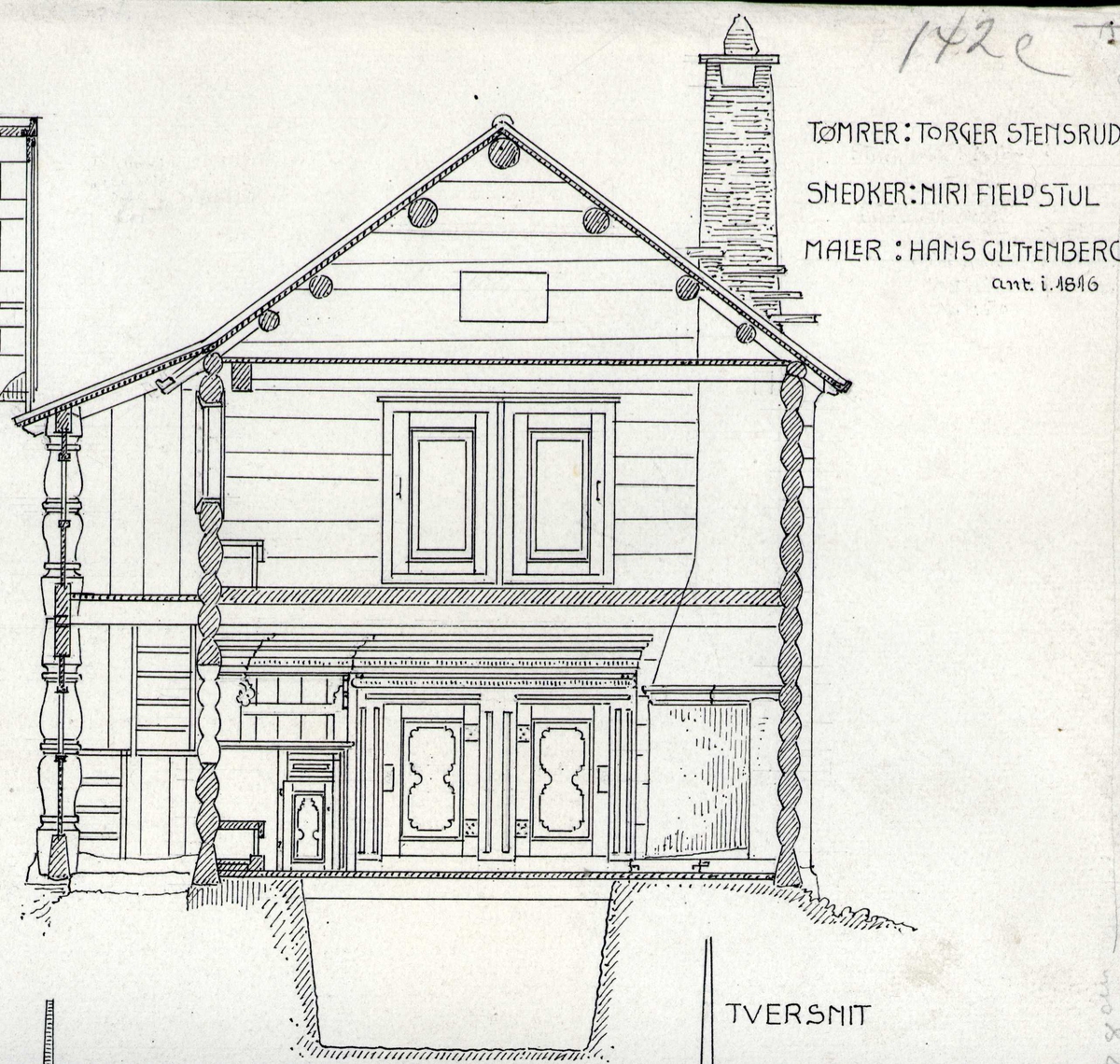 Johan J. Meyers tegning (1909) av langsnitt, tverrsnitt og grunnplan for hovedbygning fra 1805, Sisjord, Hjartdal, Telemark.
