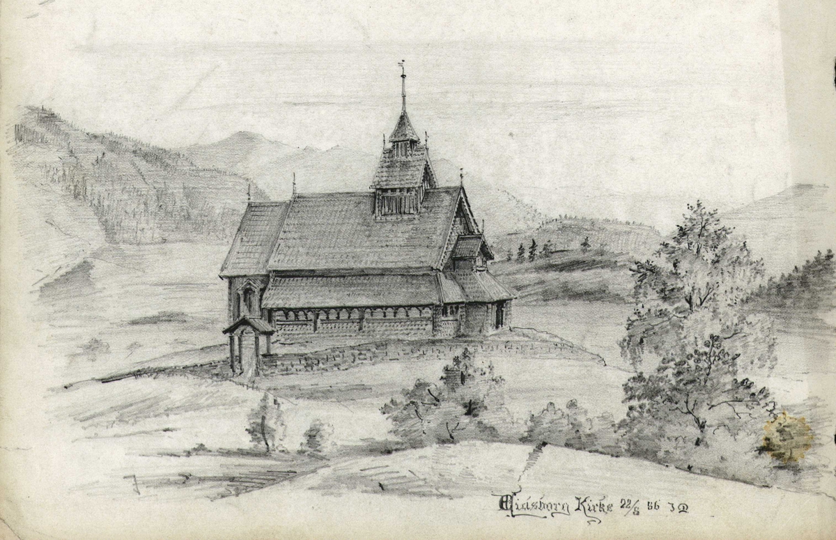Johan J. Meyers tegning (1886) av Eidsborg kirke, Tokke, Telemark. 
