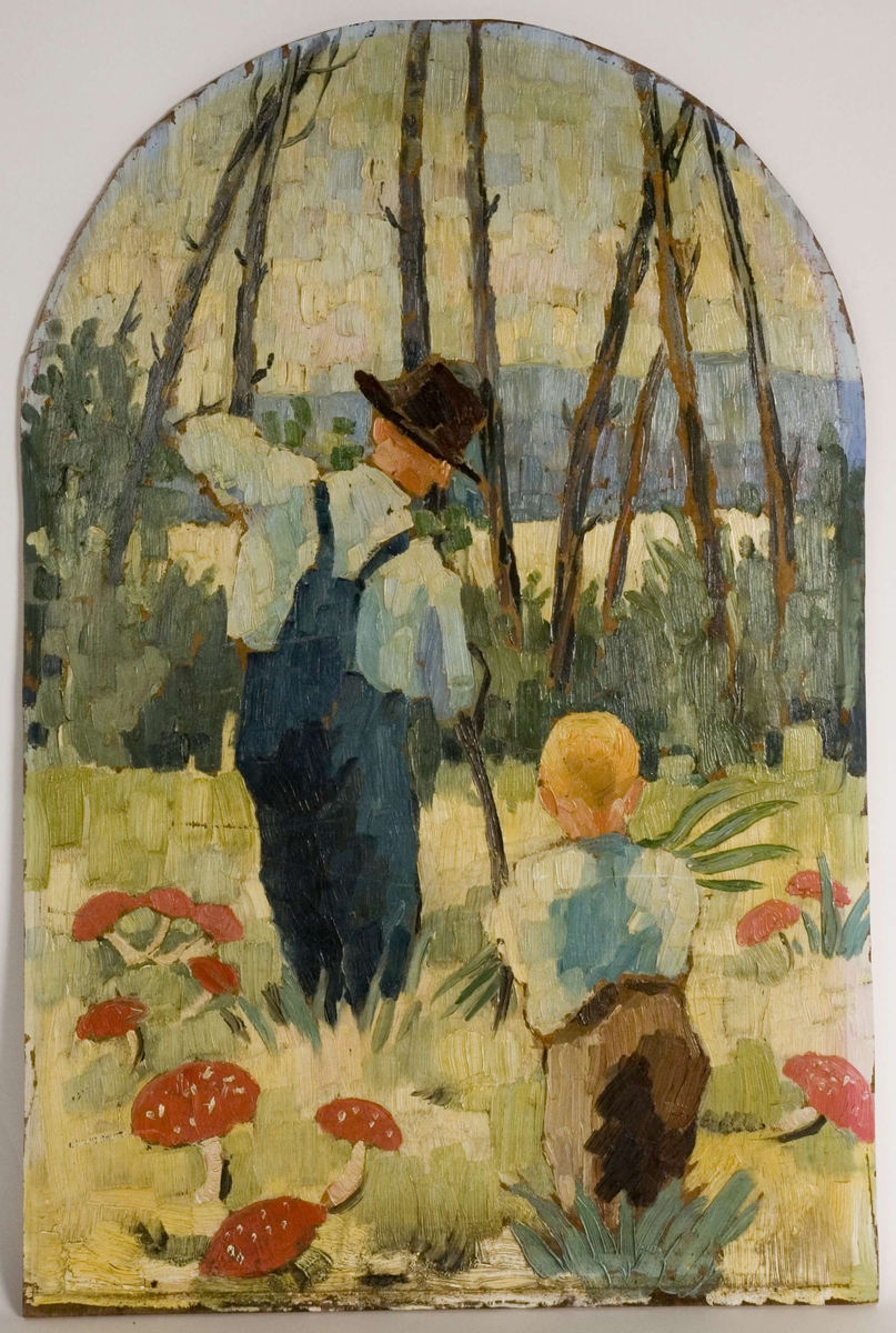 Mann og gutt i landskap med trestammerog rød fluesopp.