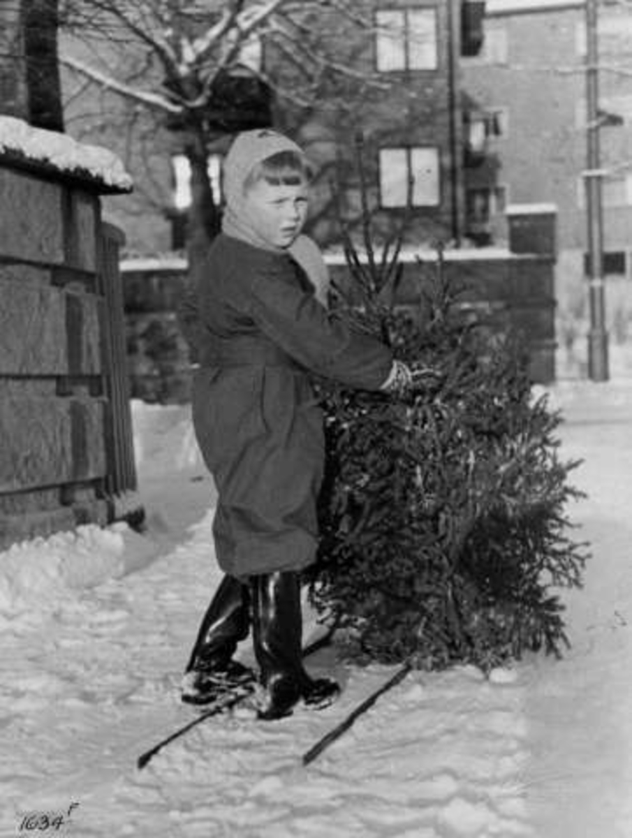 Jul, Oslo, 1936. Barn på sparkstøtting med juletre