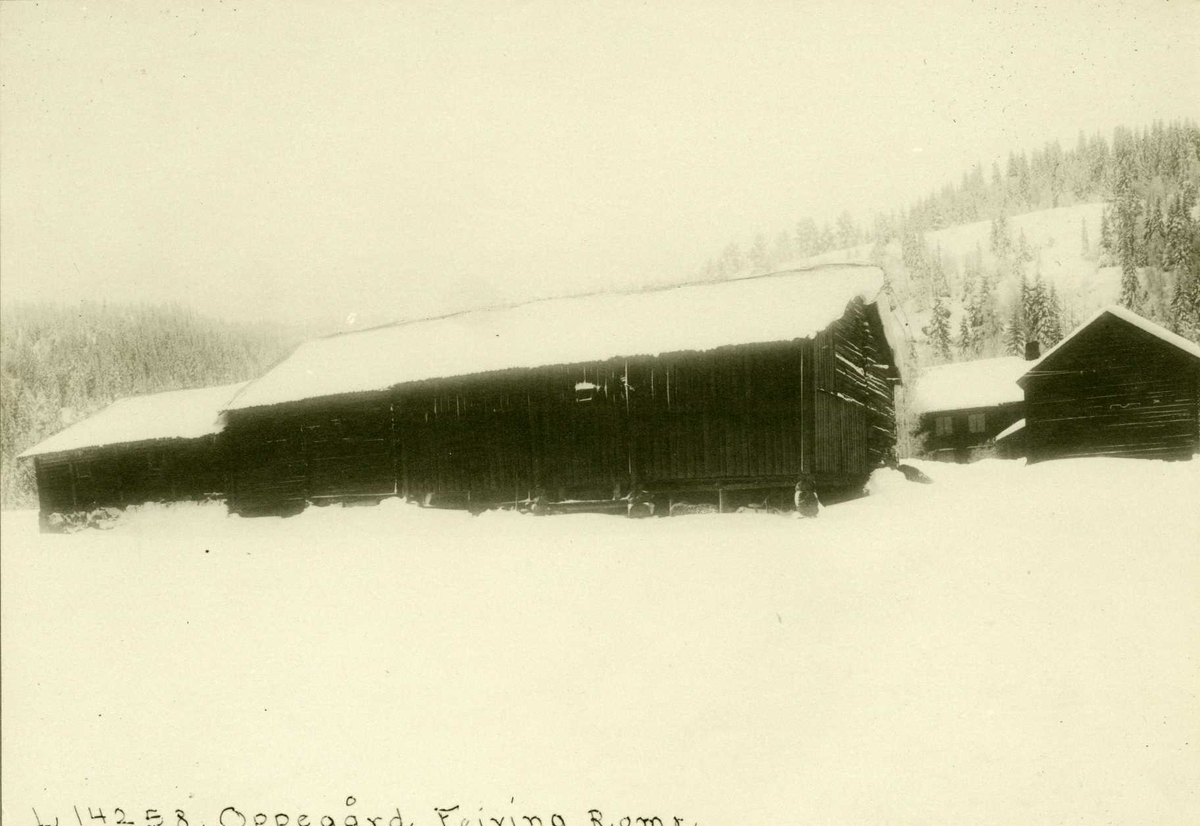 Oppegård, Feiring, Eidsvoll, Akershus. Vinterbilde av gård med mørke hus, låve ligger fremst i bildet. 