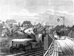 Galgeberg, Oslo. Trykk med jernbane, bru og småhusbebyggelse