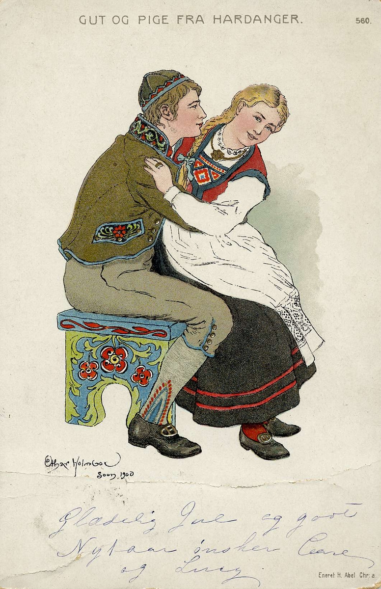 Postkort. Jule- og nyttårshilsen. Tegning. Tekst: Gutt og pike fra Hardanger. I bunader. Illustrert av Othar Holmboe. Stemplet 22.12.1903.
