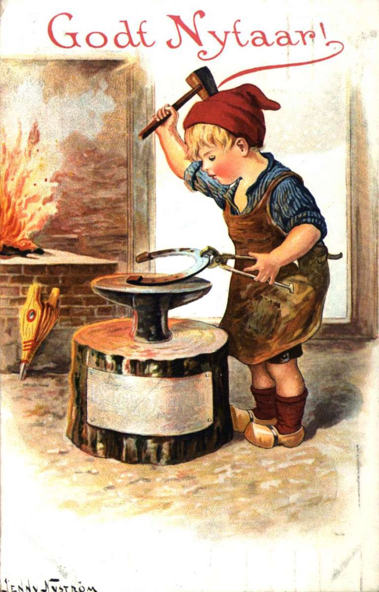 Nyttårskort. Nyttårshilsen. En gutt står i ei smie og smir en hestesko. Illustrert av svenske Jenny Lindstrøm. (1854-1946). Stemplet 29.12.1911.