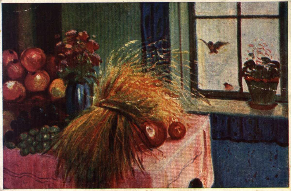 Postkort. Jule- og nyttårshilsen. Interiør. Bord med frukt og nek. Fugler utenfor vindu. Påskrevet 1920.