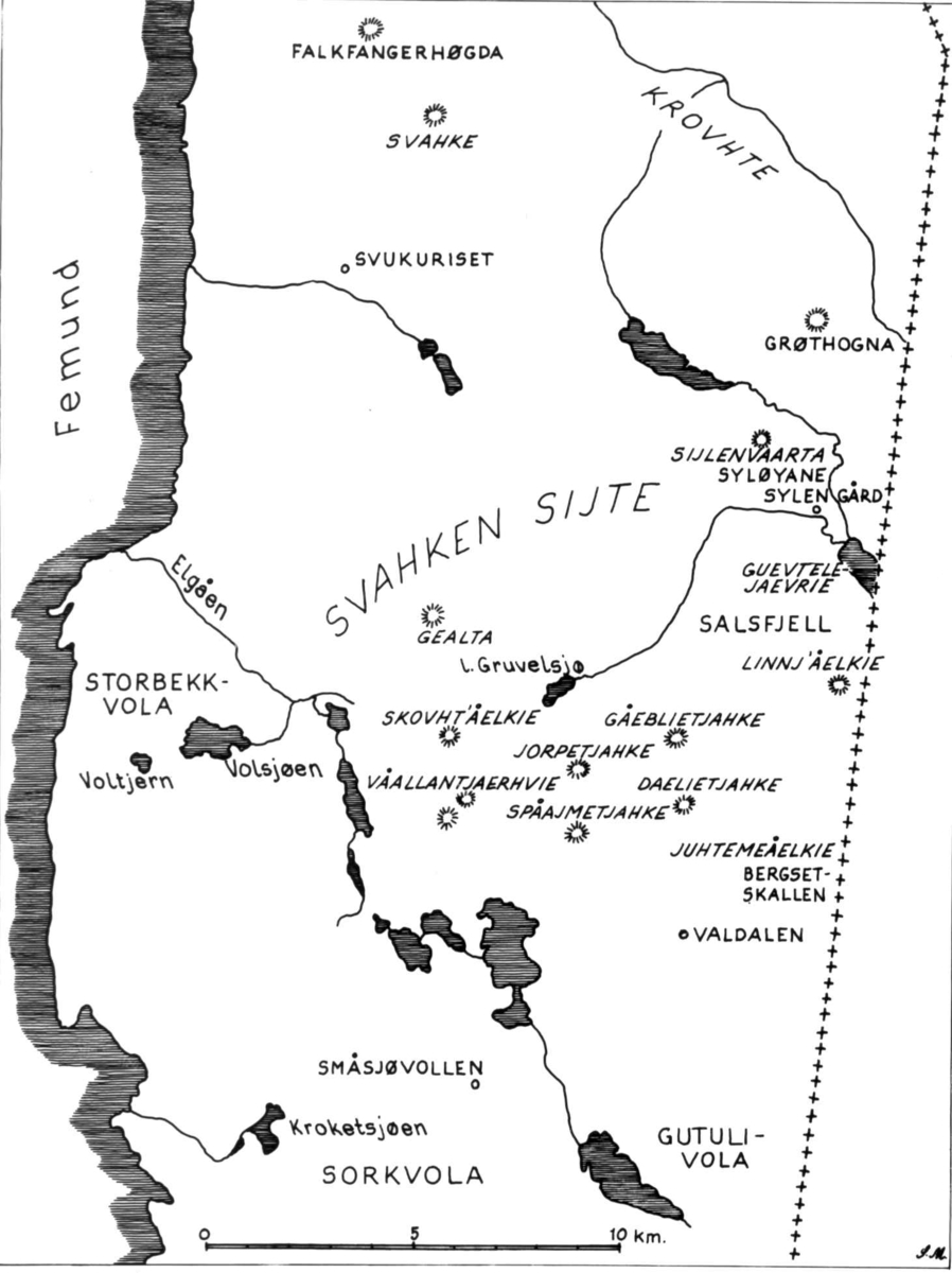 Kart som viser Samiske stedsnavn øst for Femunden, etter opptegnelser av Johs. Falkenberg 1942-43.