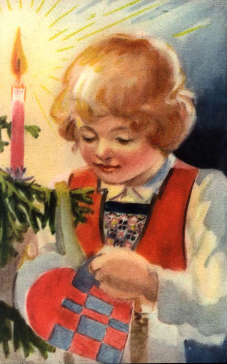 Julekort. Ubrukt.  Bunadkledd jente titter opp i flettet julehjerte på juletreet. Kunstner: Hernæs, Ellen Marie.