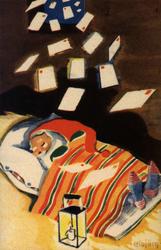 Julekort. Ubrukt. Julebrev daler ned over en sovende julenis