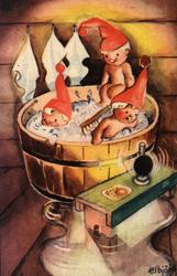 Julekort. Ubrukt. Tre smånisser koser seg i badestampen.  Il