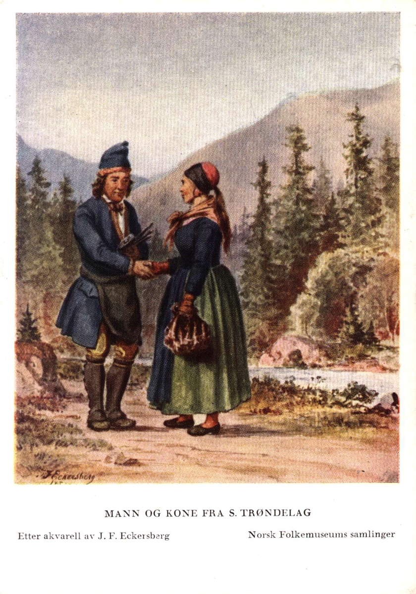 Postkort utgitt av Norsk Folkemuseum. Etter draktakvareller fra  JF Eckersberg. Mann og kone fra S. Trøndelag.