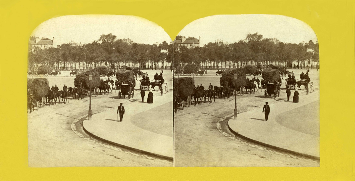 Stereoskopi. Bygate med hestetransport. L'esplanaden i Paris, Frankrike.