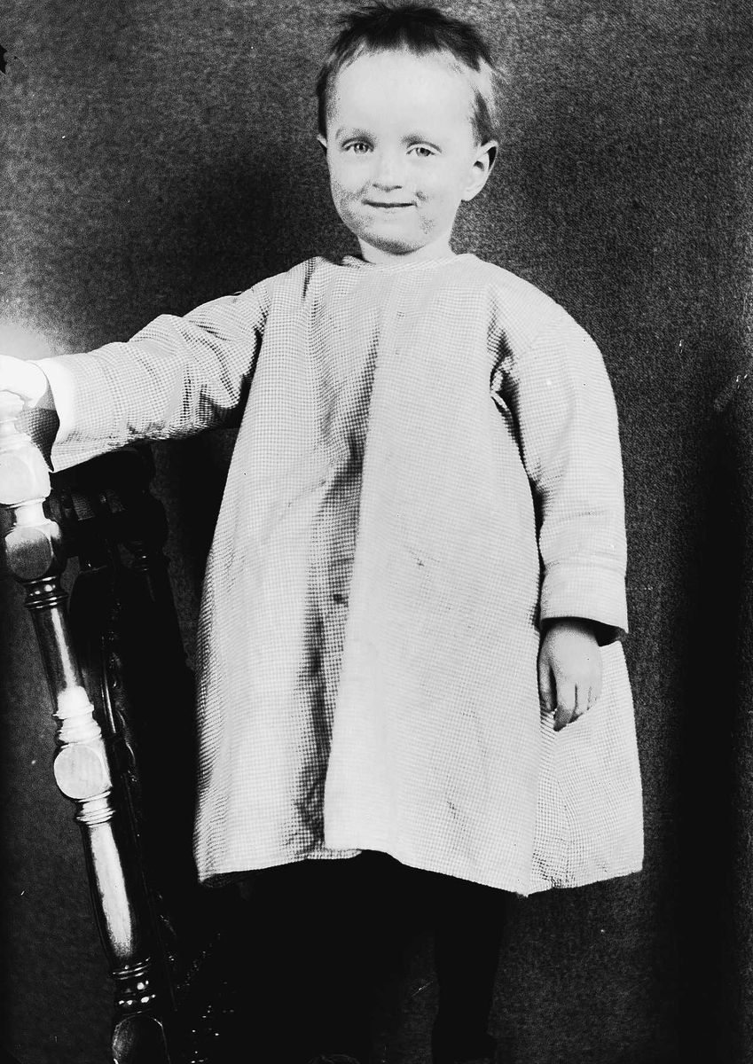 Portrett av gutt på stol, Digerud, Frogn, Akershus, 1907. Fotografens tekst sier dette er Axel Q. Wiborg, men jfr. med andre bilder passer dette bedre med Halvor Nicolai.