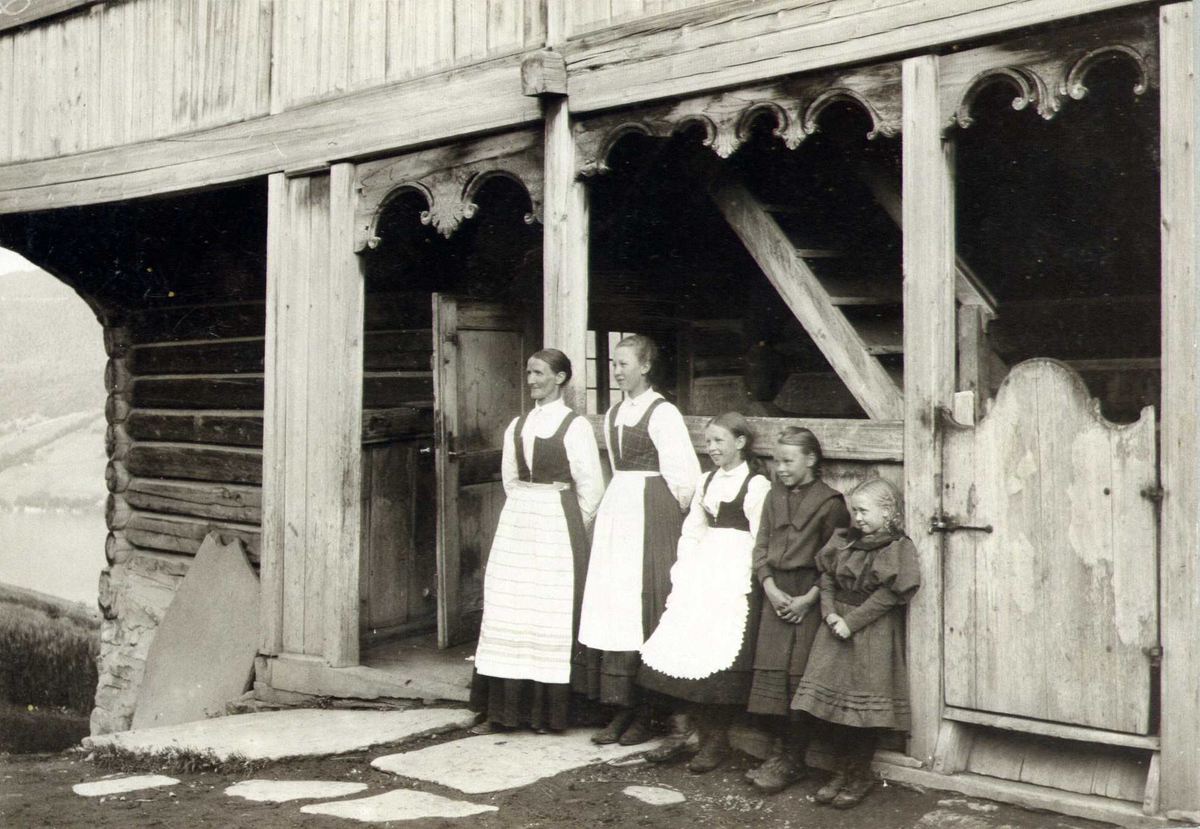 Detalj av våningshus med fem festkledde jenter foran, Helle, Vågå, Oppland. Fotografert 1908.