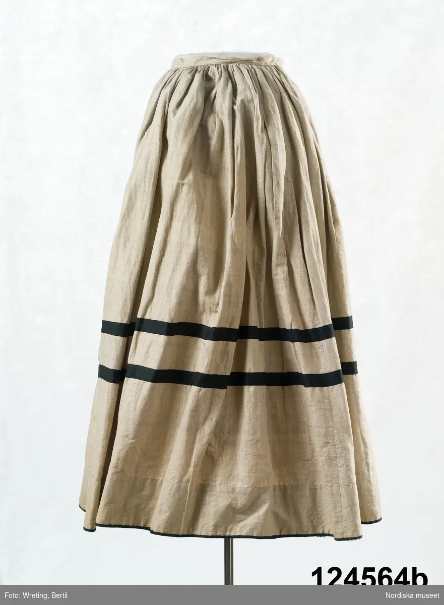 2-delad klänning i  modesnitt från 1870-talet. Med liv och kjol av oblekt fintrådig bomullslärft. varpen vanlig bomullstråd medan inslage tär en glansigare tråd. Handvävt med små vävfel. 
a. Livet, höftlångt, figursytt. 2 framstycken, släta och något utställda nedtill i sidsömmarna. Nederkanten något svängd. 4 ryggstycken insvängda i midjan för att sedan vidgas i ett rundat skört. Nederkanten kantad med 2 cm brett svart bomullssatinband. Isydd ärm med 2 sömmar. Tät halsringning med låg ståndkrage. Knäpps med 7 blanka vitmetallknappar och tränsade knapphål.  Sydd på foderstomme av  smalrandig bomullslärft i beige med gul/brun rand. Handsydd med  hårdtvinnad bomullstråd. 
Anm. 1 knapp saknas. Något solkig.
b. Kjol, hellång, 1 framvåd. 3 bakvåder och 2 sidvåder, alla sneddade. Framvåden slät, de övriga rynkade  mot 2 cm bred midjelinning. sprund i vänster framsöm, knäppning med  hake och hyska. kjolen kantad med ett smalt svart band och med 2  bredare dekorband runt  kjolen 30 cm från kanten. Kjolskoning 10 cm bred av ljusbrun bomullslärft. Kjolen handsydd.
/Berit Eldvik 2011-01-12