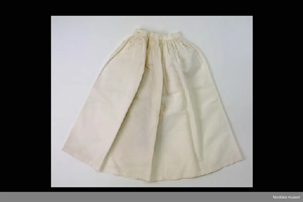 Inventering Sesam 1996-1999:
L 42 cm
Underkjol till docka, av vit bomull, rynkad mot linning, vit glasknapp och knapphål i linningen.
Leif Wallin jan 1997
