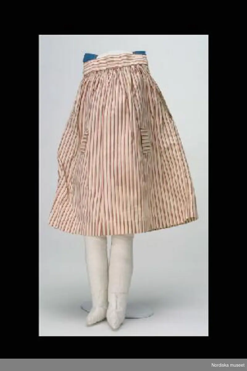 Inventering Sesam 1996-1999:
L  28  cm
Förkläde, dockförkläde av rödvitrandigt bomullstyg. Vid modell som täcker både fram och bak, axelband av blå bomull. Hällor för skärp (som saknas).
Tillhör docka inv 246.529.
Givarinnan föedd 1885.
Birgitta Martinius 1997
