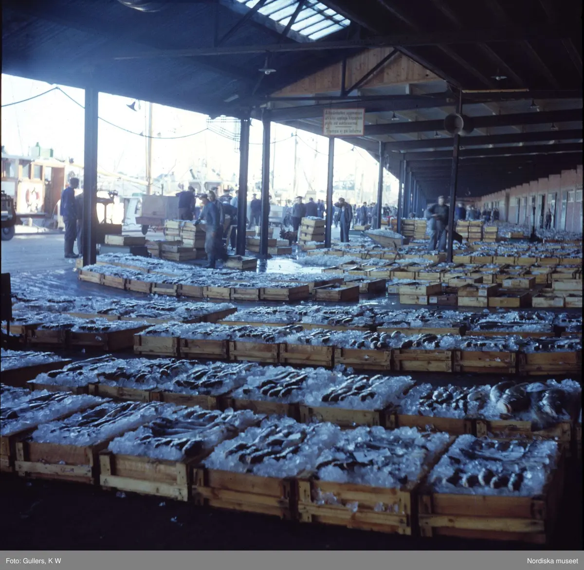 Göteborg. Fisklådor under tak i Fiskhamnen.