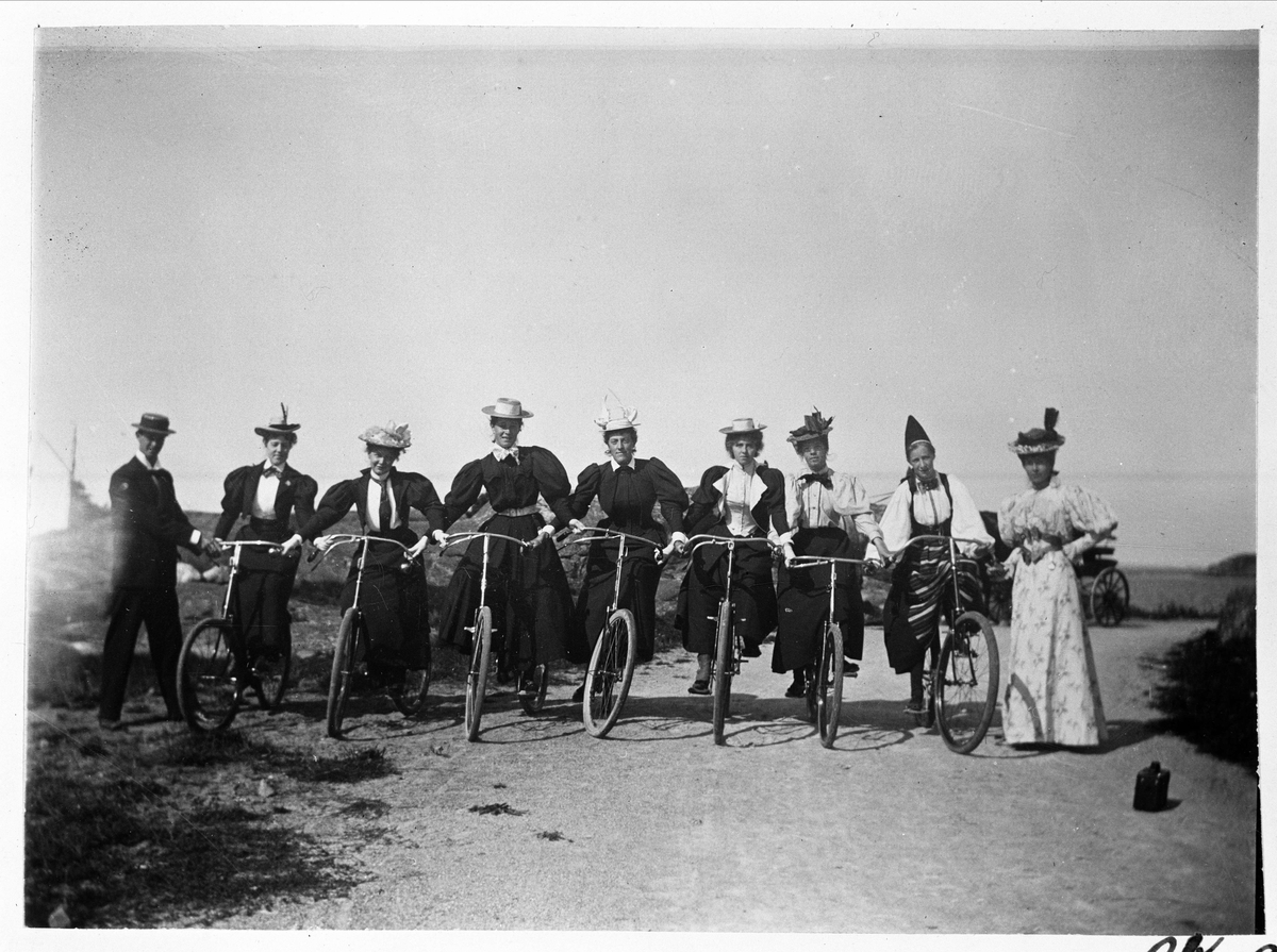 Sju damer på cyklar. 
