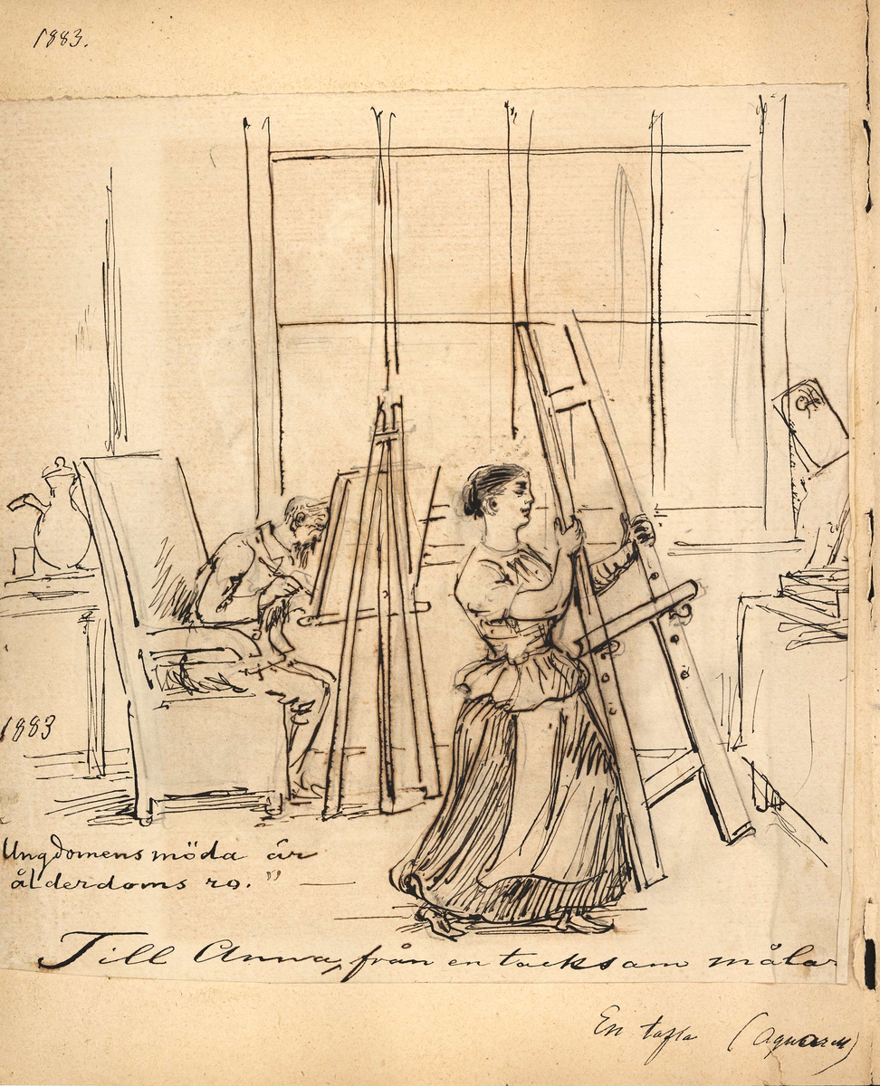 En kvinna i förkläde bär undan ett staffli. I bakgrunden sitter en man och målar. Tuschteckning av Fritz von Dardel daterad 1883.