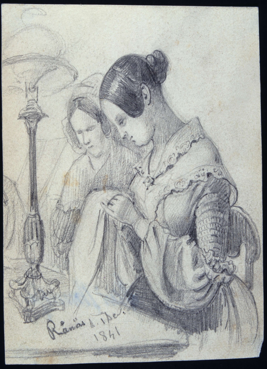 "Rånäs 1 dec. 1841." Två syende kvinnor. Blyertsteckning av Fritz von Dardel.