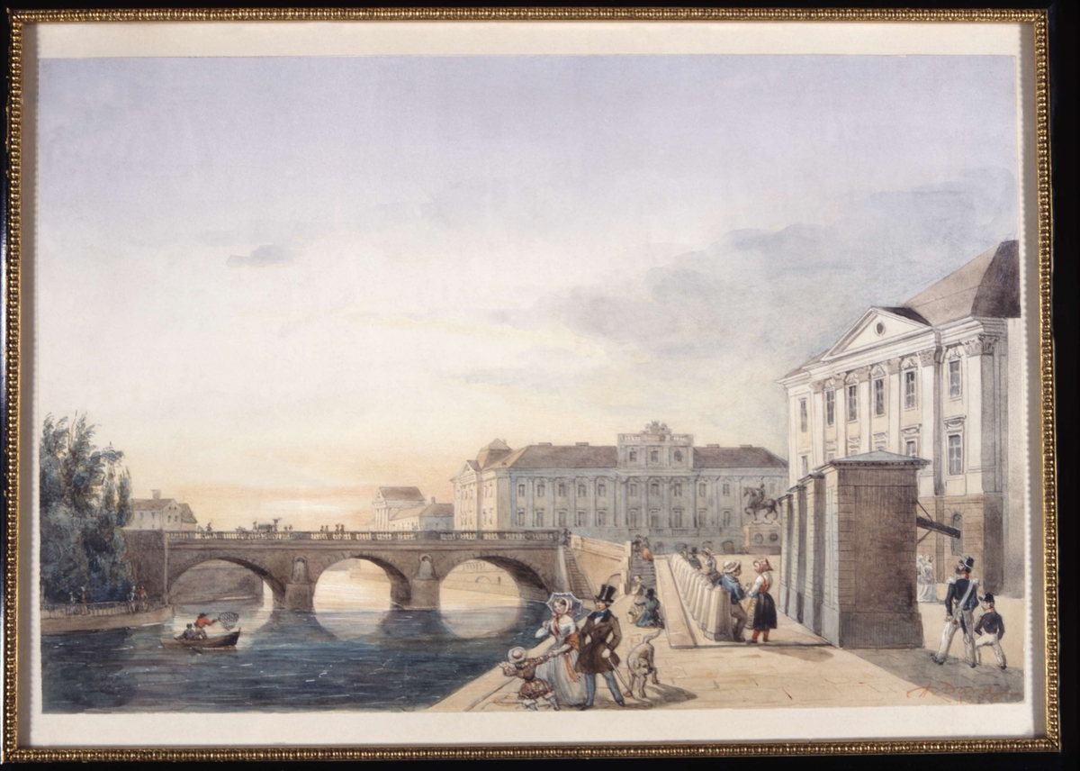 Stockholm. Arvfurstens palats och och Kungliga Operan. Bron till Helgeandsholmen. Akvarell av Fritz von Dardel.