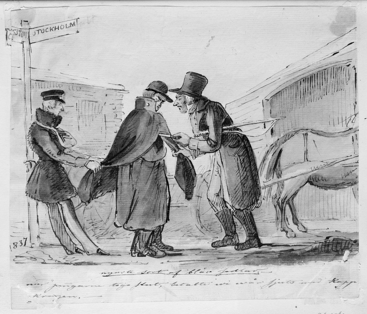 Hästskjuts. "Nyaste sort af blåa sedlar. När pengarna togo slut, betalte vi vår skjuts med kappkragen." Teckning av Fritz von Dardel, 1837.