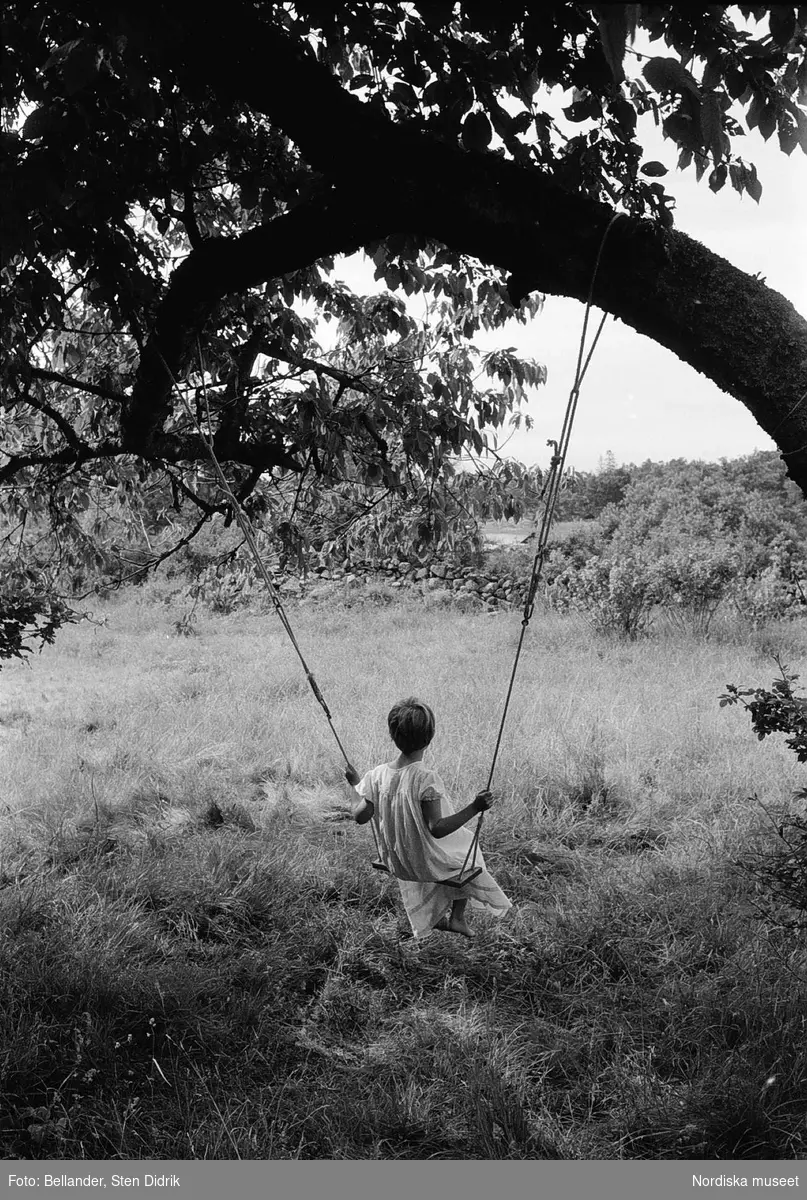 Fotografens dotter Tove-Maria sitter i en gunga som hänger från ett träd på en äng.