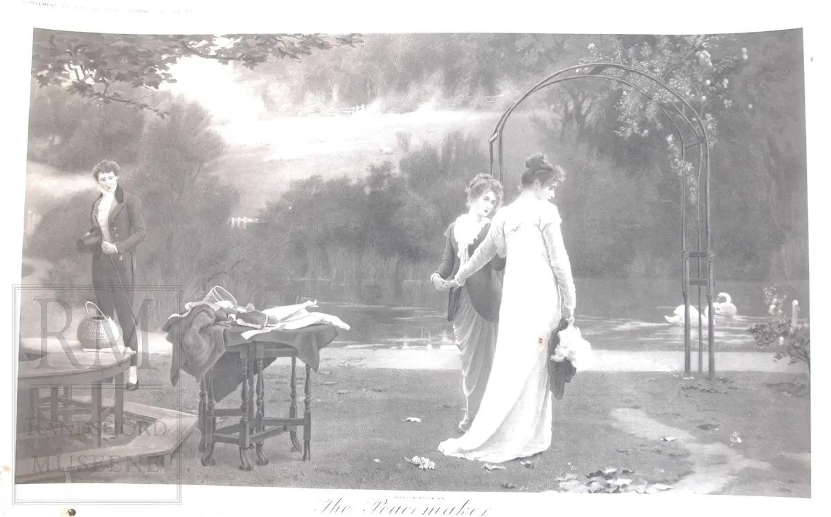Tre mennesker. To kvinner til høyre i bilde, en ung mann i bakgrunnen. Innsjø med svaner, beitende sauer i bakgrunnen. Romantisk tema