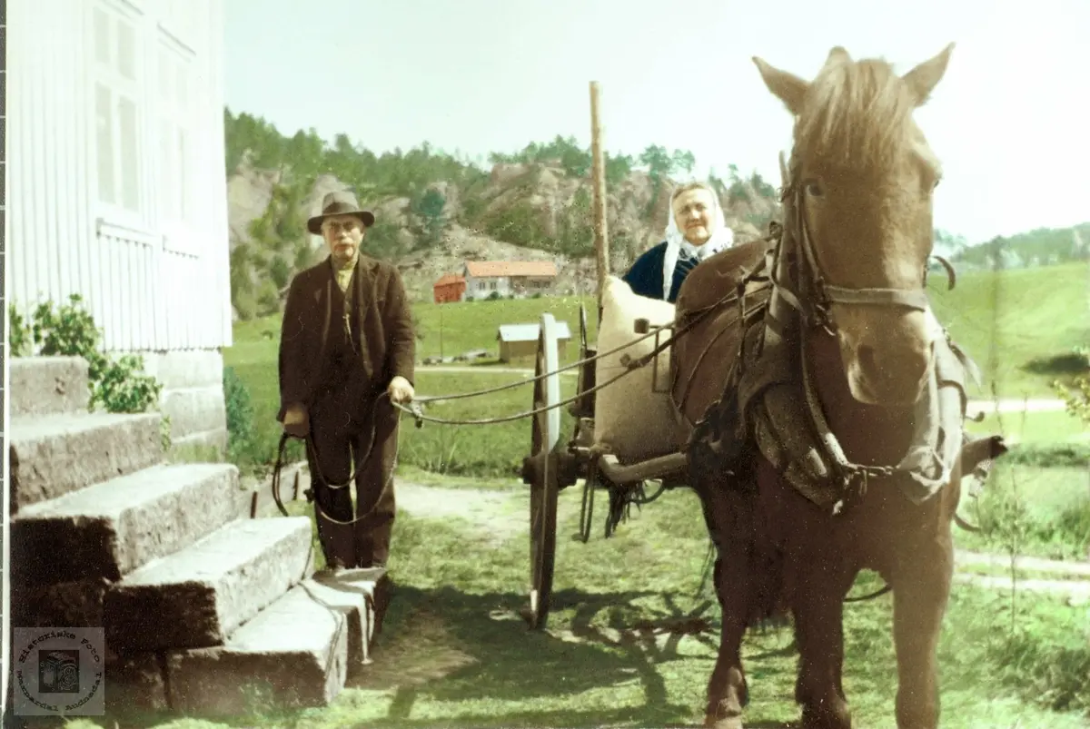 Søren og Anna Håland ankommer i hest og vogn. Grindheim Audnedal.