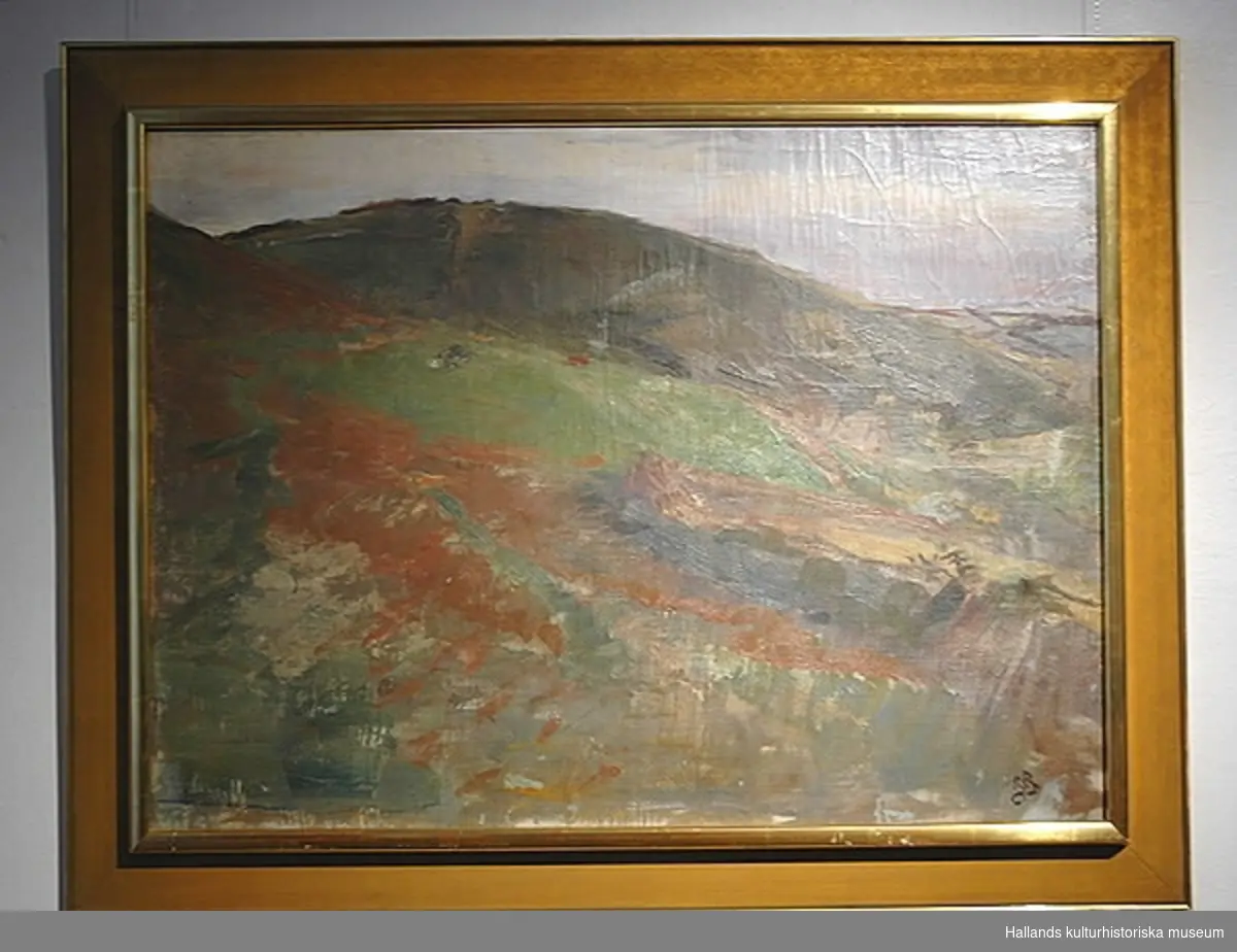 Oljemålning av Richard Bergh vid Varberg ca 1900. Titel: "Kuperat landskap". Motiv landskap med  kullar. Bildmått: bredd 72 cm, höjd 53 cm.  Sv/v neg G14317.