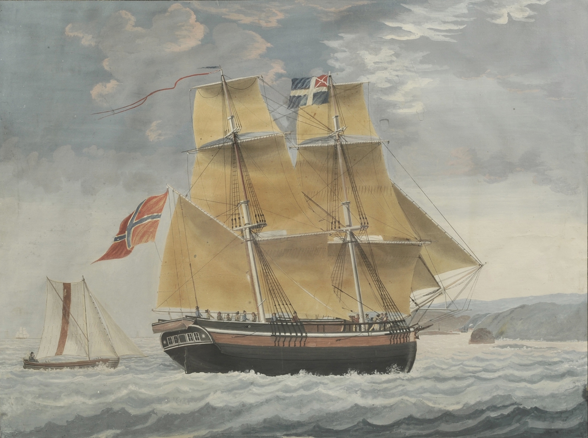 Akvarell av brigg med losskøyte akterut kryssende mot kysten. Rent flagg på gaffelen, på fortoppen svensk flagg med hvitt Andreaskors, enkelt mersseil.
