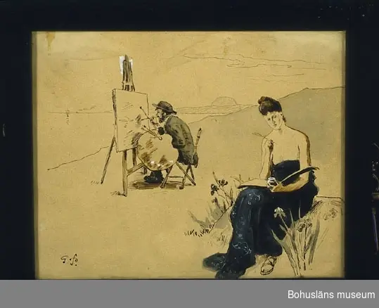 Man och kvinna på strand som målar och tecknar. 
Georg Pauli gifte sig år 1887 med konstnären Hanna Pauli, född Hirsch (1864 -1940).
Kan det vara en bild av paret Hanna och Georg arbetande på en strand på 1880-talet, innan barnen kommit till världen?