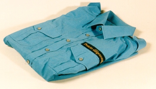 Uniformsskjorta i blått med mörkblått textilband med text
iguldbokstäver:"Postens diligenstrafik" placerat ovanför
vänstrabröstfickan. Skjortan har två med klaff försedda bröstfickor
ochaxelklaffar.