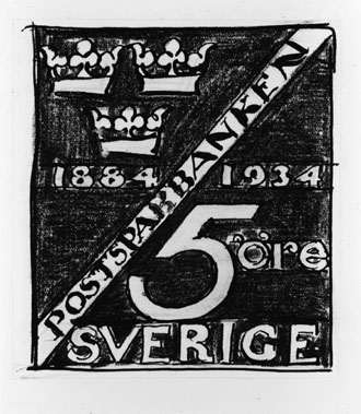 Ej realiserade förslag till frimärken Postsparbankens 50-årsjubileum, utgivet 6/12 1934. Konstnär: Olle Hjortzberg.
Valör 5 öre.