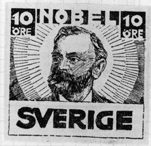 Tävlingsförslag till nya frimärken (svenska). Tävling arrangerad av Svenska Dagbladet 1934. Alfred Nobel. Valör 10 öre.