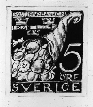 Ej realiserade förslag till frimärken Postsparbankens 50-årsjubileum, utgivet 6/12 1934. Konstnär: Olle Hjortzberg. 
Valör 5 öre.
