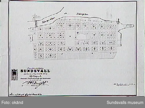 Karta över Sundsvall efter branden 1805 av E.J .Stagnell. Kopierad 1895.
