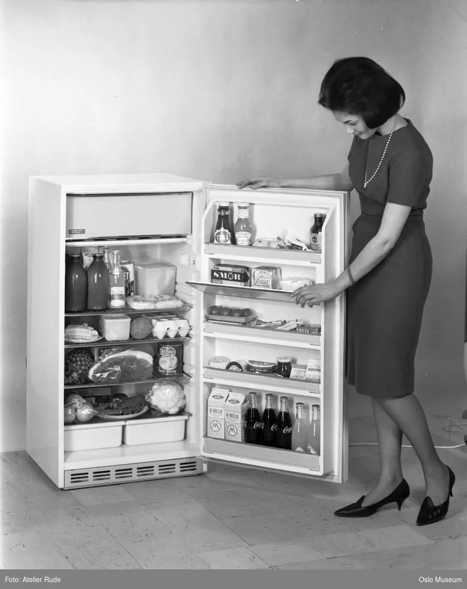 åpent Evalet kjøleskap, matvarer, modell, kvinne