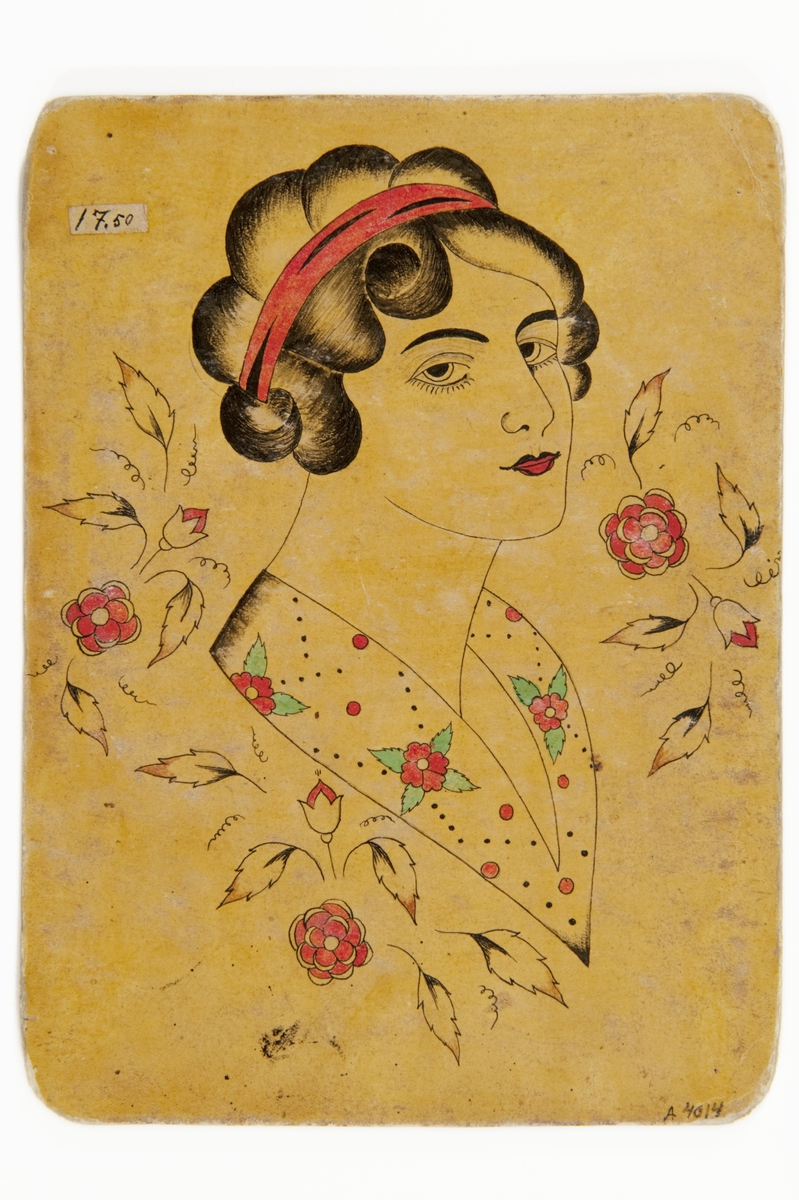 Tatueringsförlaga. Porträtt av kvinna med rött hårband och blommig sjal eller krage, omgivet av röda blommor.